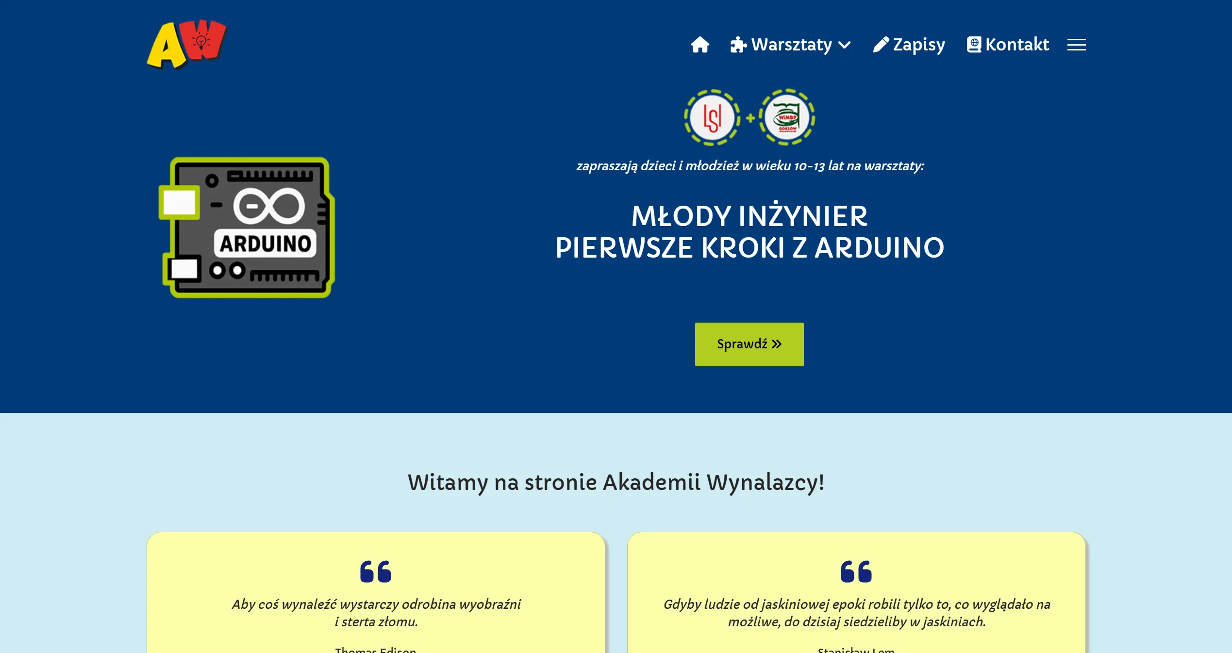 Strona Akademii Wynalazcy prezentująca warsztaty Arduino dla dzieci