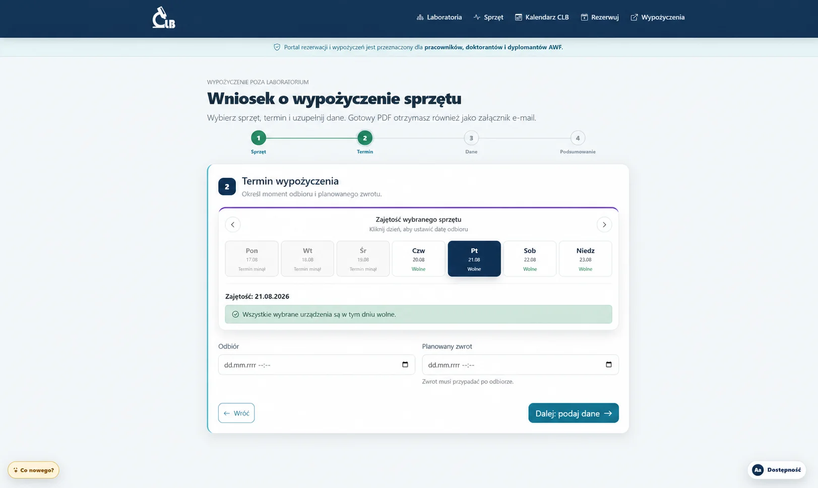 Formularz wypożyczenia aparatury CLB