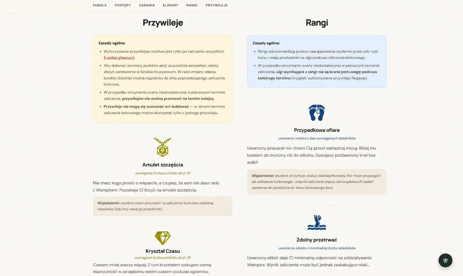 Przywileje i rangi w kursie Pokonaj Wampira