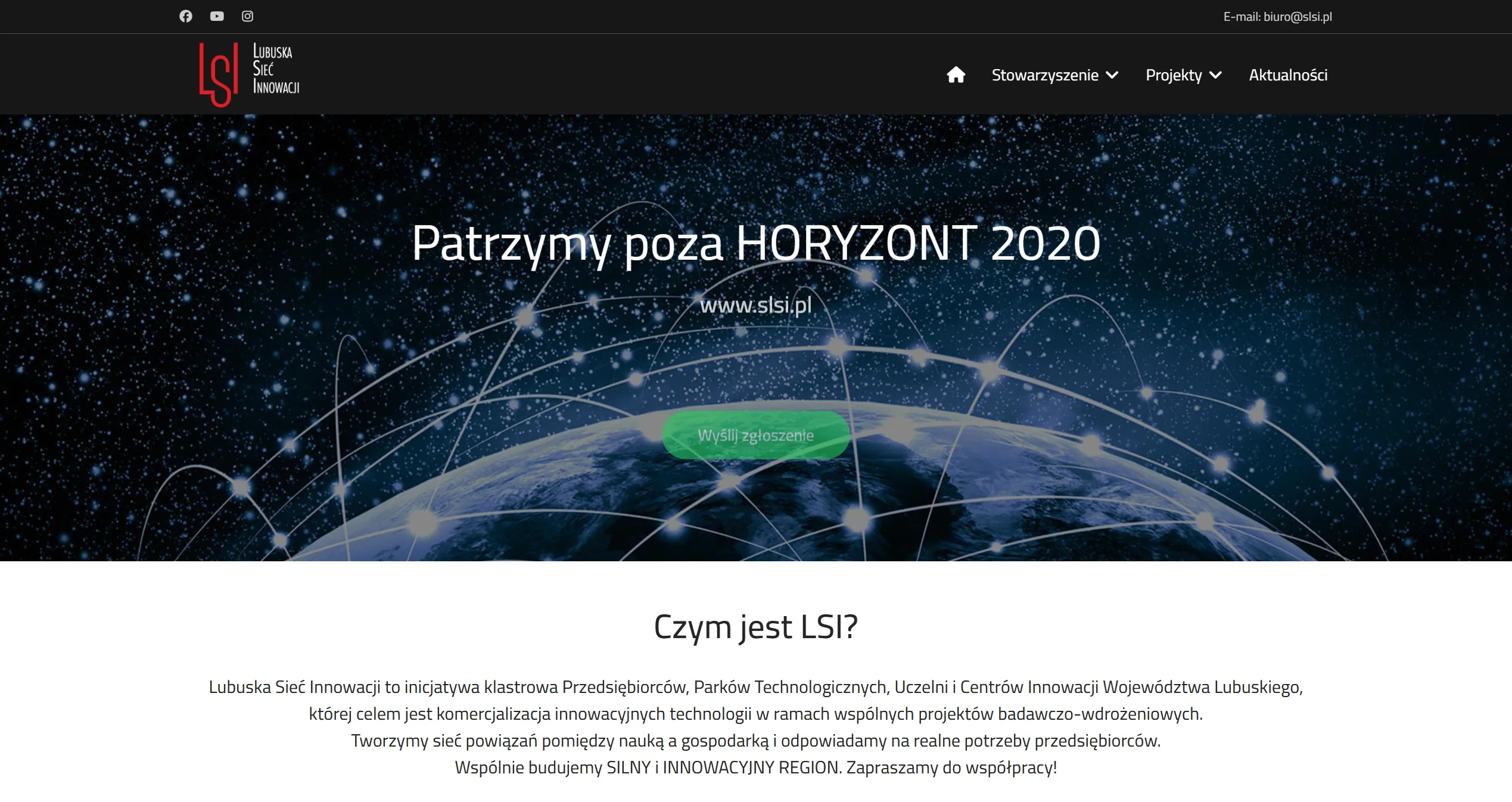 Strona Lubuskiej Sieci Innowacji z motywem Ziemi i sieci połączeń